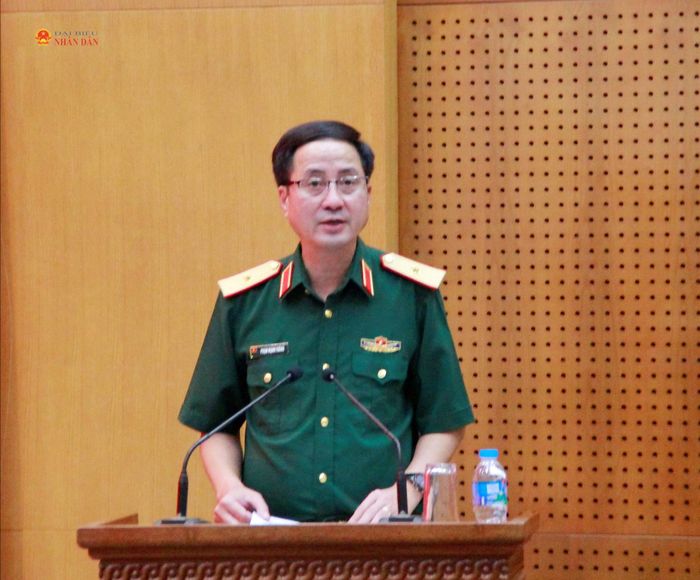 Cục trưởng Cục Gìn giữ hòa bình Việt Nam, Thiếu tướng Phạm Mạnh Thắng phát biểu tại hội nghị