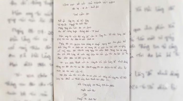 Lá thư cảm ơn chị Thư gửi đến Công an xã Hải Lăng.