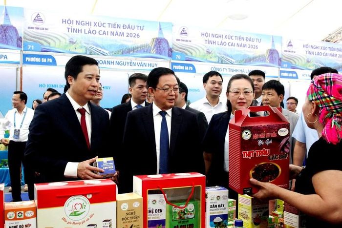 Phó Thủ tướng Chính phủ Hồ Quốc Dũng và lãnh đạo tỉnh Lào Cai thăm gian hàng trưng bày sản phẩm OCOP tại hội nghị. Ảnh: Nguyễn Trang