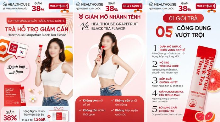 Quảng cáo sản phẩm giảm cân sử dụng hình ảnh người mẫu cùng các thông điệp về giảm mỡ, giảm cân và nhiều công dụng đối với sức khỏe.