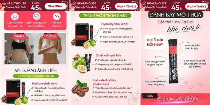 Quảng cáo giới thiệu thành phần, công dụng giảm cân và các thông điệp như "đánh bay mỡ thừa", "lột xác vóc dáng"