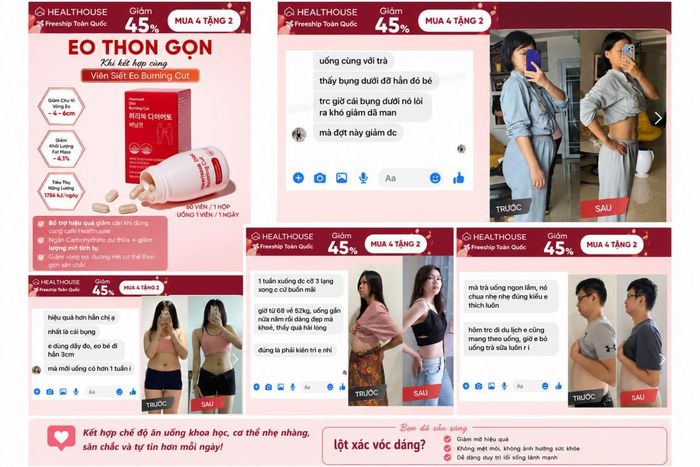  Quảng cáo sản phẩm giảm cân trên nền tảng số sử dụng hình ảnh trước và sau, tin nhắn phản hồi của người dùng và các nội dung giới thiệu về hiệu quả giảm cân. 