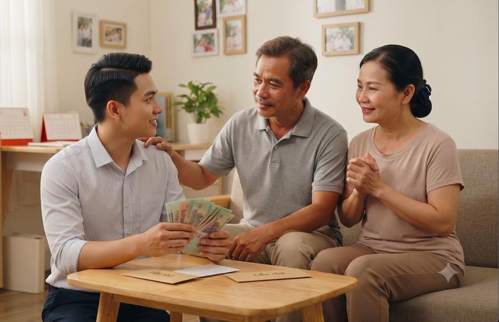 Đã tốt nghiệp đi làm thì nên coi việc đóng phí sinh hoạt cho bố mẹ là trách nhiệm. (Ảnh minh họa: AI)