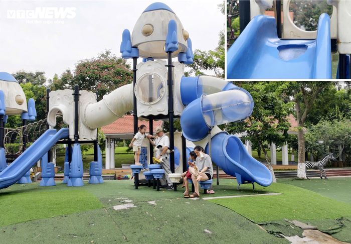 Chiếc cầu trượt với vết vỡ bên trên, dễ gây nguy hiểm cho trẻ nhỏ khi trượt.