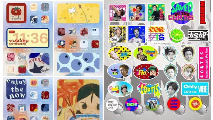 Gen Z tự thiết kế widget trên điện thoại (trái) và freebies mỗi dịp concert của thần tượng (phải). Ảnh: Pinterest. 
