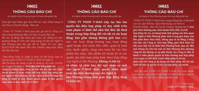 Công ty V-MAS - đơn vị đồng hành cùng Mai Phương từ năm 2024 - đưa thông báo về việc nữ nghệ sĩ tuyên bố hoạt động độc lập.
