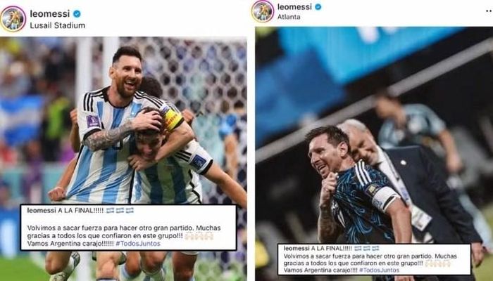 Hai bài đăng sau trận bán kết của Messi năm 2022 và 2026 giống hệt nhau.