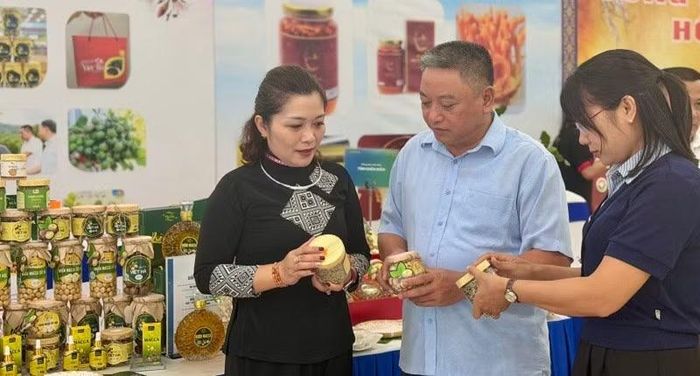 Đại biểu tham quan các gian hàng giới thiệu sản phẩm nông nghiệp của Điện Biên.