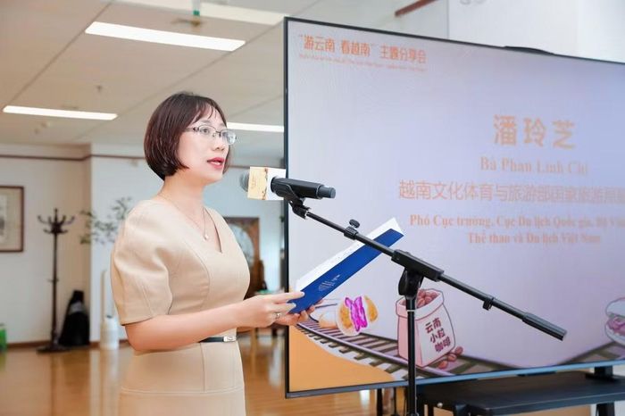 Bà Phan Linh Chi, Phó Cục trưởng Cục Du lịch quốc gia Việt Nam, phát biểu ý kiến tại buổi tọa đàm. (Ảnh: YICC)