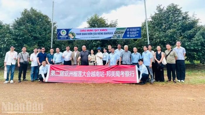 Các doanh nghiệp chụp hình lưu niệm tại vườn sầu riêng của Dakruco.