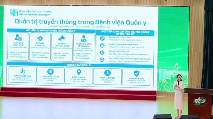 Thạc sĩ Đỗ Thị Nam Phương, Trưởng Trung tâm truyền thông, Bệnh viện Đại học Y dược Thành phố Hồ Chí Minh chia sẻ tại hội thảo.