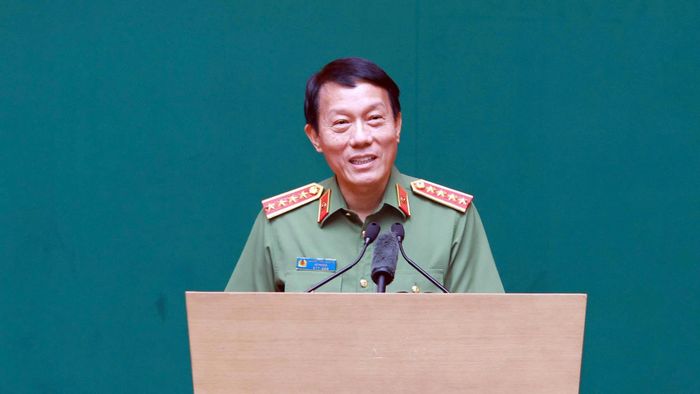 Đại tướng Lương Tam Quang phát biểu tiếp thu ý kiến chỉ đạo của Tổng Bí thư, Chủ tịch nước Tô Lâm. Ảnh: BỘ CÔNG AN