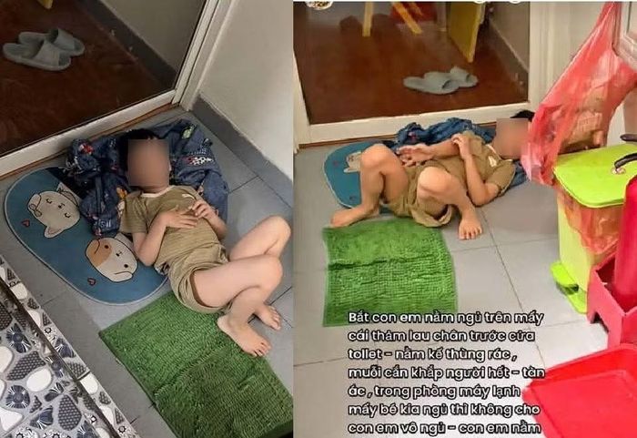 Hình ảnh bé K. bị bắt ngủ trước nhà vệ sinh, trên thảm chùi chân.