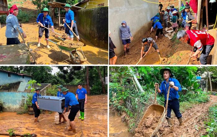 Đội SVTN trường Quốc tế tham gia khắc phục hậu quả mưa lũ ở xã Mường La. Ảnh: CTV