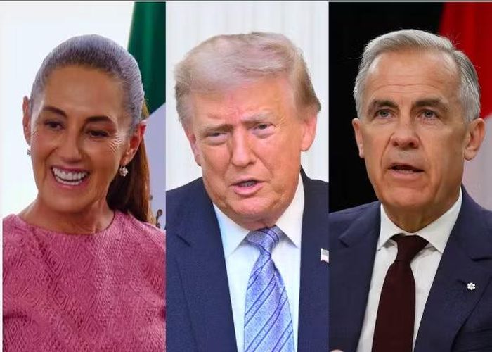 Tổng thống Mỹ Donald Trump, Tổng thống Mexico Claudia Sheinbaum (bìa trái) và Thủ tướng Canada Mark Carney. (Ảnh: Bloomberg)