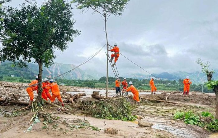 Nhân viên điện lực được huy động kịp thời sửa chữa, khắc phục sự cố để cấp điện lại cho khách hàng.