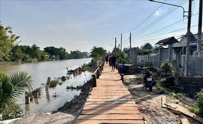 Cầu tạm dài gần 50 m được đưa vào sử dụng, khôi phục giao thông qua khu vực sạt lở bờ bắc kênh Đòn Dong, xã Phú Hòa (An Giang).