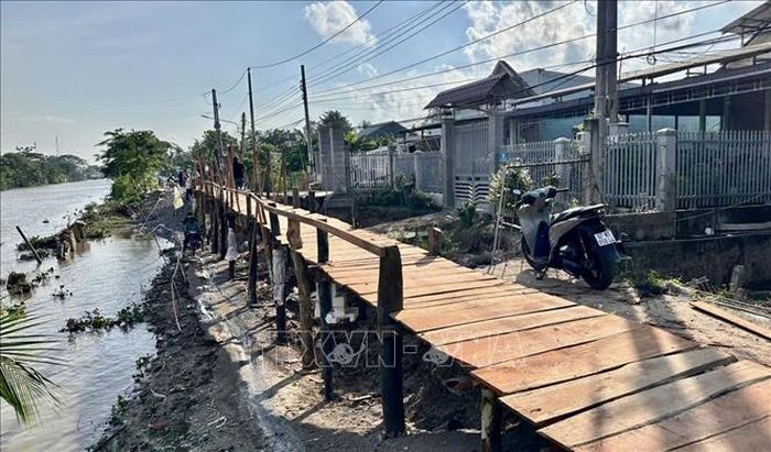 Cầu tạm bắc qua bờ bắc kênh Đòn Dong, nơi xảy ra vụ sạt lở làm hư hỏng tuyến giao thông.