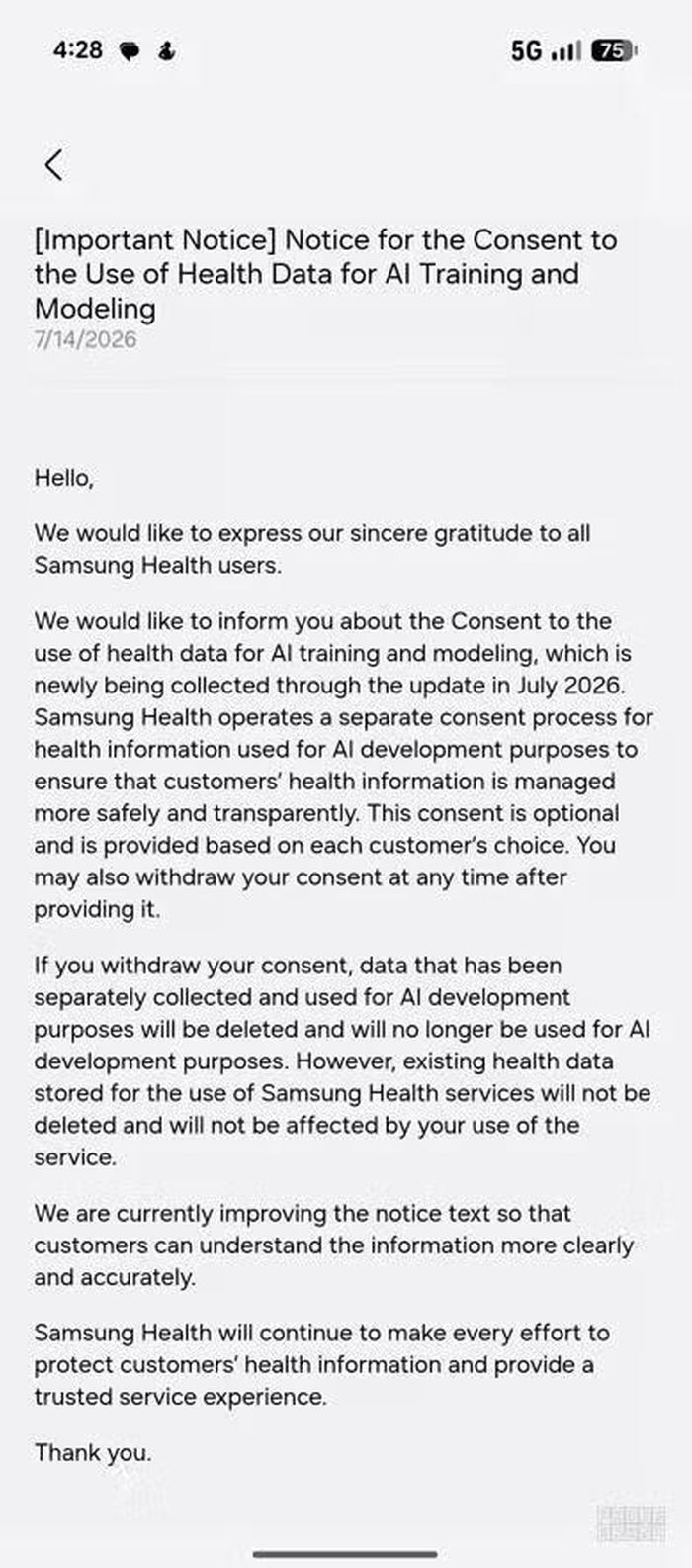 Thông báo đính chính từ Samsung (Nguồn: PhoneArena)