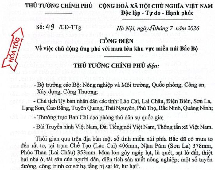 Công điện của Thủ tướng Chính phủ.