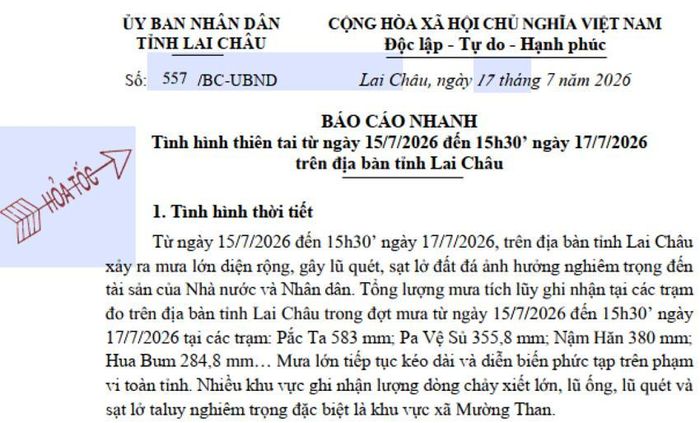 Báo cáo nhanh của UBND tỉnh Lai Châu.