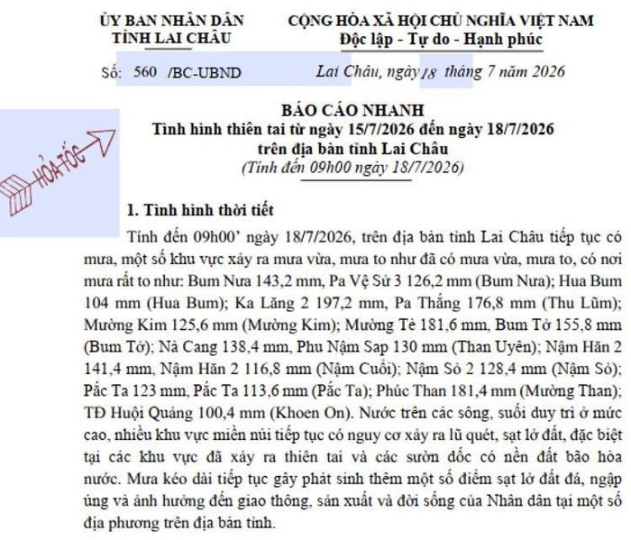 Báo cáo nhanh của UBND tỉnh Lai Châu
