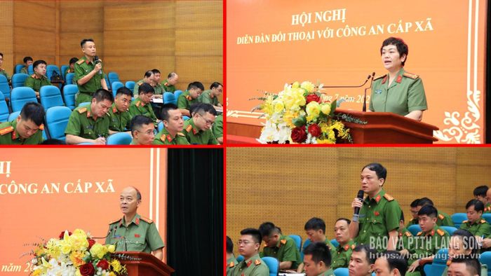 Đại diện lãnh đạo các Phòng nghiệp vụ Công an tỉnh và Công an xã phát biểu tại diễn đàn đối thoại