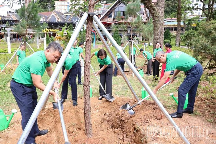 Đồng chí Bí thư Tỉnh ủy Phạm Đại Dương và các đại biểu trồng cây tại Khu du lịch quốc gia Tam Đảo.