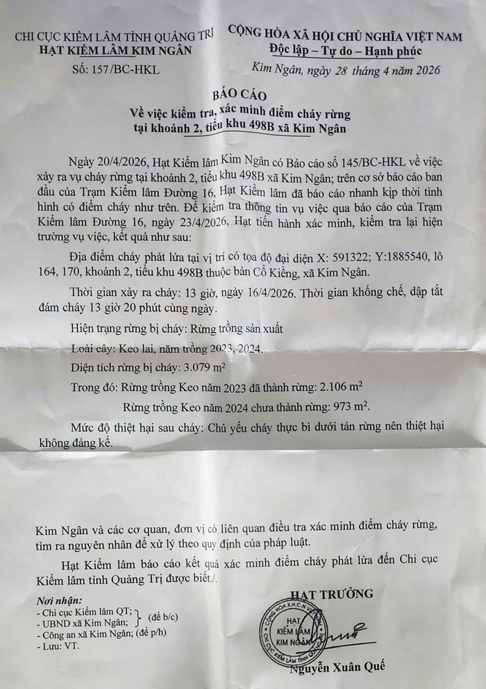 Báo cáo số 157/BC-HKL của Hạt Kiểm lâm Kim Ngân cho rằng các vụ cháy rừng chủ yếu cháy thực bì dưới tán rừng nên thiệt hại không đáng kể- Ảnh: T.L
