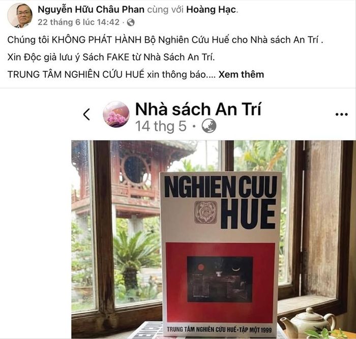 Nhà nghiên cứu Nguyễn Hữu Châu Phan - chủ biên bộ sách Nghiên cứu Huế phải lên tiếng trên mạng xã hội khi bộ sách mình dốc sức thực hiện bị làm giả, rao bán trên mạng xã hội.