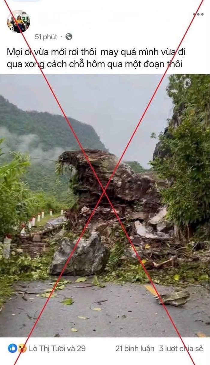 Bài đăng chia sẻ thông tin chưa được kiểm chứng, sai sự thật liên quan đến tình hình thiên tai trên địa bàn tỉnh Lai Châu. Ảnh: Công an tỉnh Lai Châu