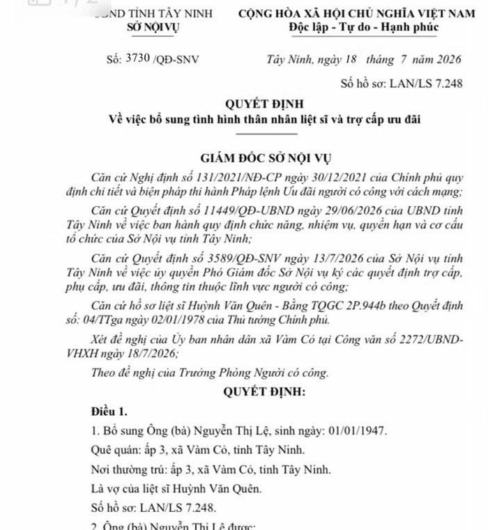 Bà Nguyễn Thị Lệ chính thức được công nhận là vợ liệt sĩ Huỳnh Văn Quên.