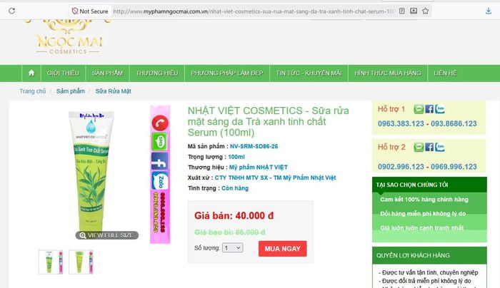 Sữa rửa mặt Nhật Việt Cosmetics trà xanh tinh chất serum, tuýp 100 ml (số lô 04, ngày sản xuất 15/9/2025, hạn dùng 15/9/2028) không đạt chỉ tiêu chất lượng.