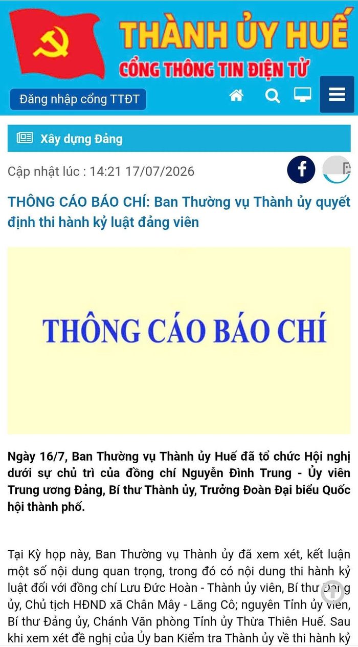 Trích dẫn thông cáo báo chí của BTV Thành ủy Huế
