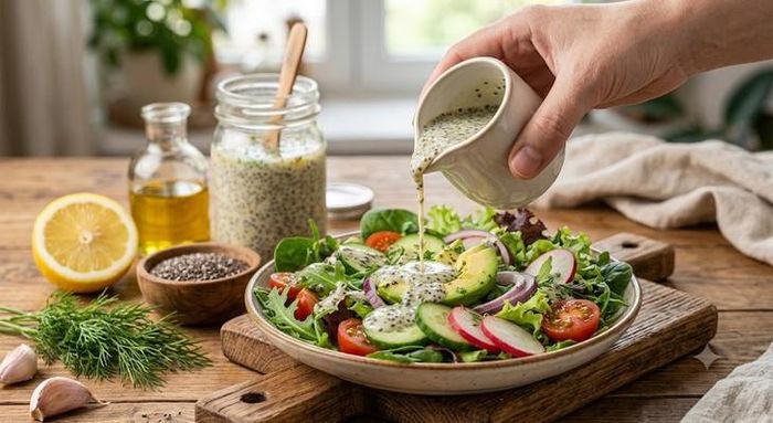 Nước sốt hạt chia trộn salad rất ngon.