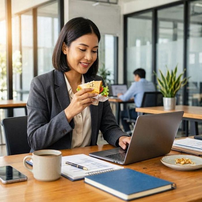 Vừa ăn vừa làm việc là thói quen xấu, gây cản trở quá trình hấp thu dưỡng chất và suy giảm năng lượng sau bữa ăn.