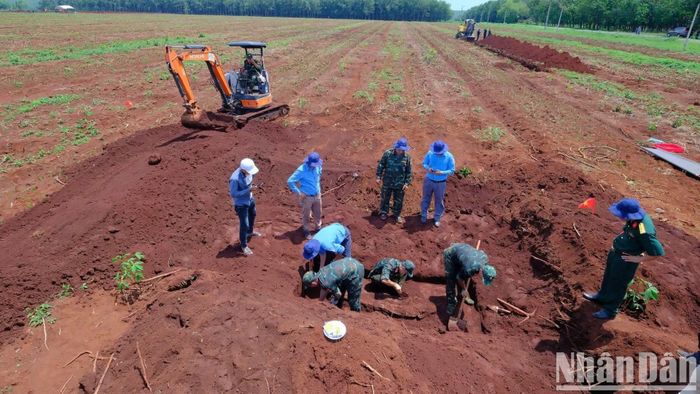 Qua tìm kiếm sáng 19/7, lực lượng chức năng phát hiện thêm một bộ nghi là hài cốt liệt sĩ còn nguyên hình dạng bọc tăng và có dây dù cột.