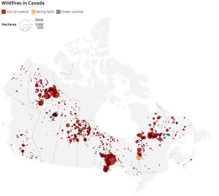 Bản đồ các khu vực cháy rừng ở Ontario. Ảnh: CBC