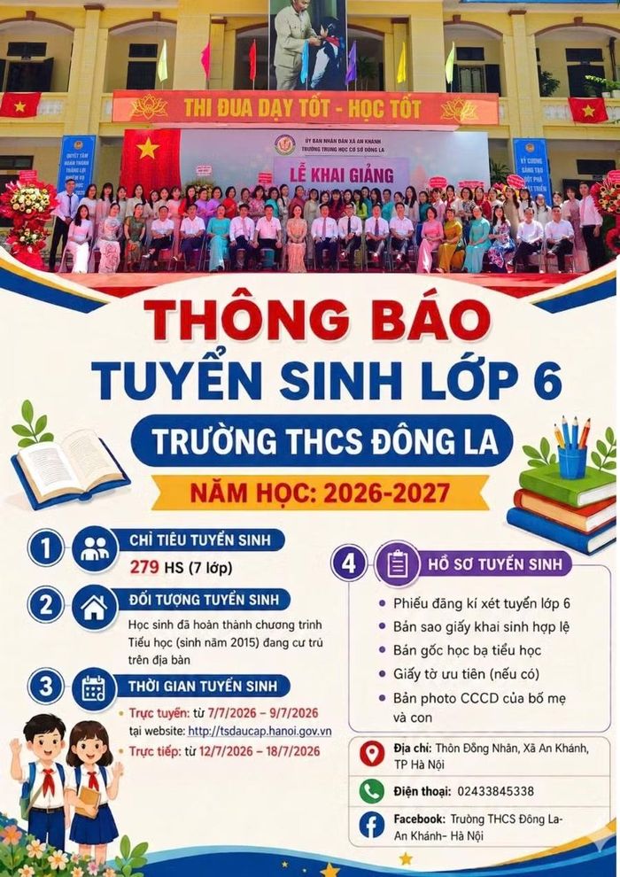 Thông báo tuyển sinh lớp 6 năm 2026 của Trường THCS Đông La, xã An Khánh, Hà Nội.