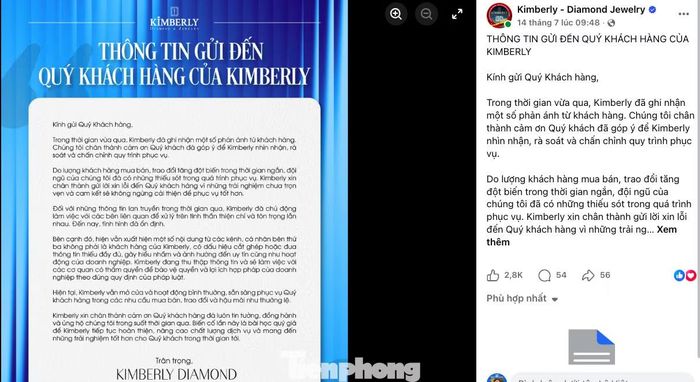 Thông báo đăng ngày 14/7 trên tài khoản Facebook có tích xanh “Kimberly - Diamond Jewelry”.