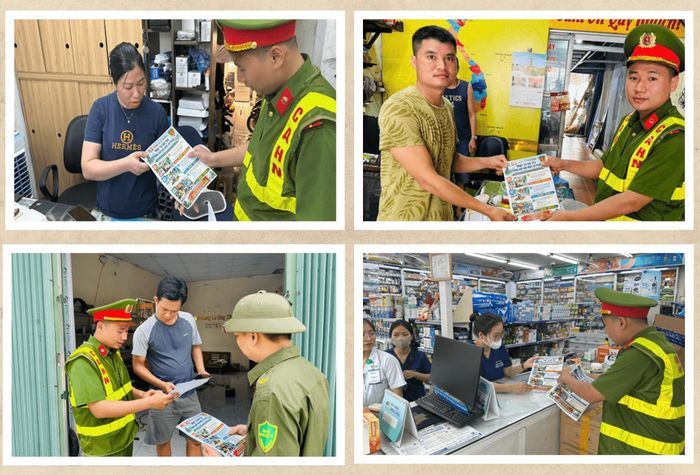 Công an xã Vật Lại tuyên truyền Nghị quyết 56, vận động người dân không lấn chiếm vỉa hè.