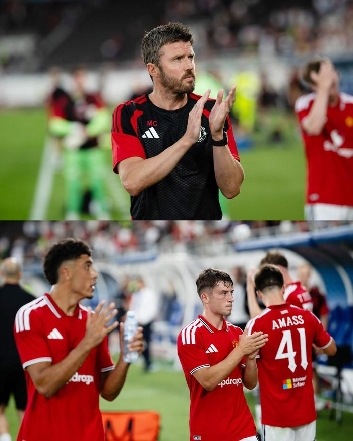 HLV Micharl Carrick cùng các học trò cảm ơn người hâm mộ Phần Lan đến sân cổ vũ - Ảnh: MUFC