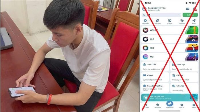 Đối tượng Nguyễn Tiến Long cùng giao diện ứng dụng đánh bạc trực tuyến.