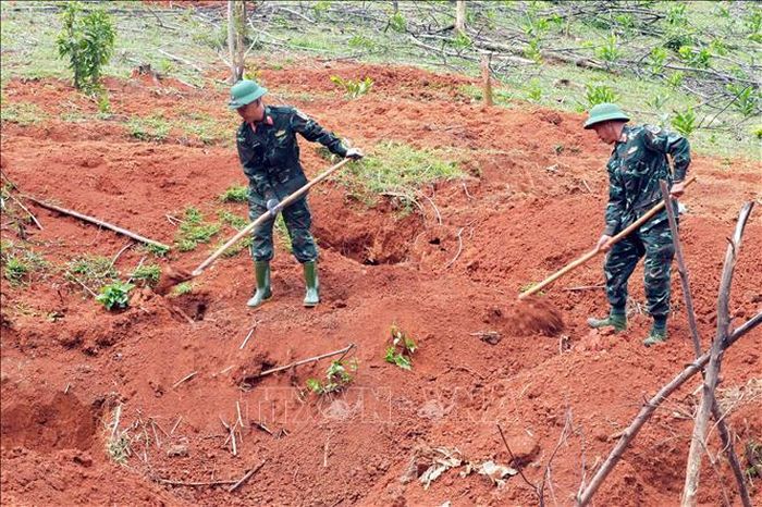 Cán bộ Đội Quy tập hài cốt liệt sĩ thuộc Đoàn Kinh tế - Quốc phòng 337, Quân khu 4 khắc phục mọi khó khăn về thời tiết để tìm kiếm hài cốt Liệt sĩ. Ảnh: Tá Chuyên/TTXVN