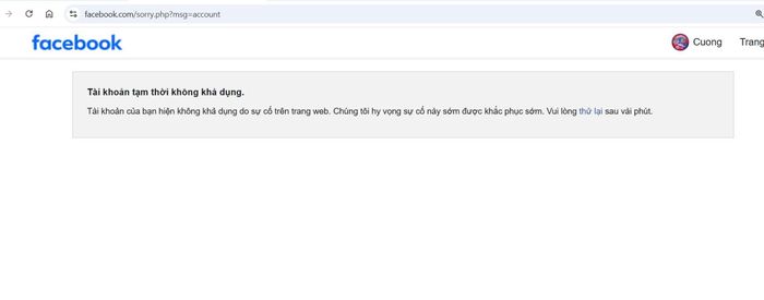 Báo lỗi trên facebook máy tính.
