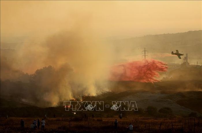 Đám cháy bùng phát trên cánh đồng tại thị trấn Tell, phía Tây Nam thành phố Nablus ở khu vực Bờ Tây, ngày 18/7/2026. Ảnh: THX/TTXVN phát