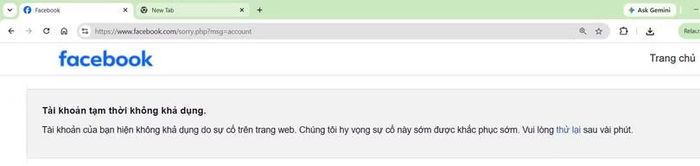 Facebook thông báo tài khoản tạm thời không khả dụng. Ảnh chụp chiều 19/7.