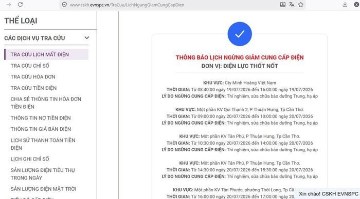 Lịch ngừng cấp điện tại Cần Thơ ngày mai 20/7 được cập tại website của EVNSPC lúc 12h30 ngày 19/7. Ảnh: BNEWS phát