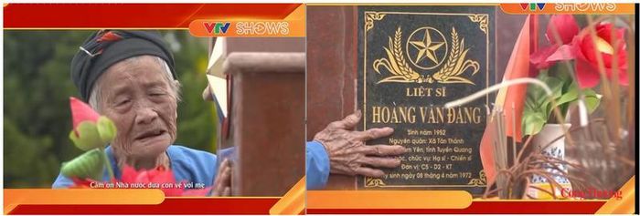 Hình ảnh người mẹ của liệt sĩ Hoàng Văn Đằng ở Tuyên Quang bật khóc khi con trở về, dù chỉ còn là một nấm mộ. (Ảnh chụp từ màn hình chương trình VTV SHOWS)
