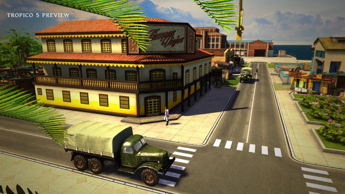 Hình ảnh về một tòa nhà và xe hơi trong Tropico 5.